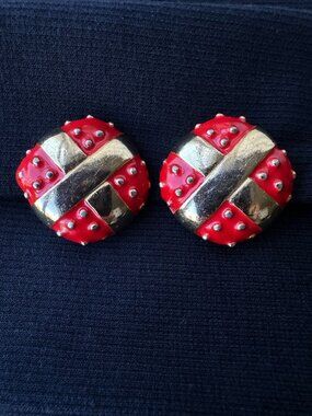Vintage Gay Boyer Red Enamel Gold Tone Oversized Statement Clip On Earrings